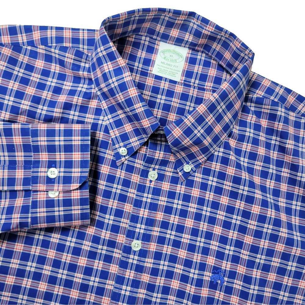 Brooks Brothers‎ Milano Fit Mens XL Red White Blue Plaid Button Down Long Sleeve